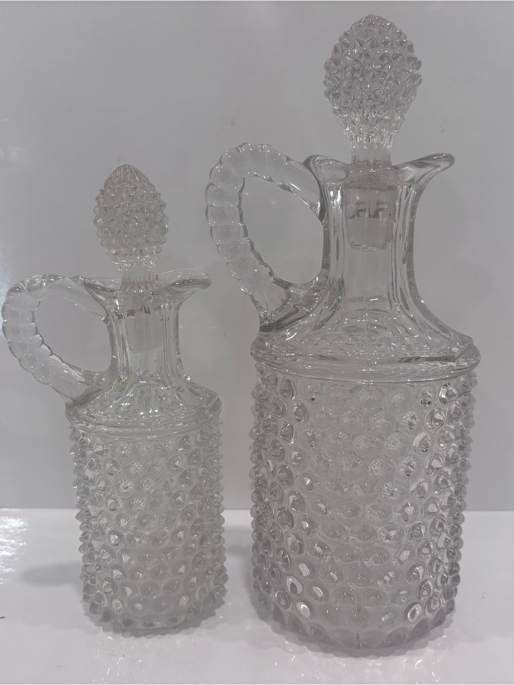 Vintage Clear Glass Crystal Pointed Hobnail Cruets with Stopper (set Of 2)